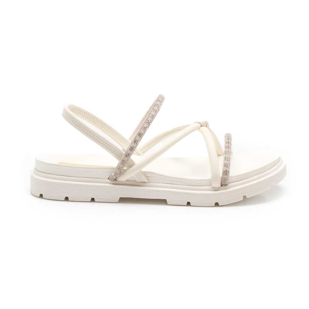 Sandália juvenil Pink Cats Off White com tiras finas cruzadas e aplicação de strass